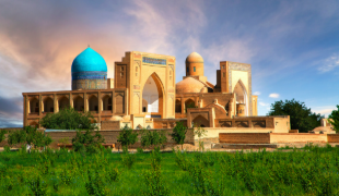 Historical mosque and religious complex of Chor Bakr at the sunrise Bukhara Uzbekistans